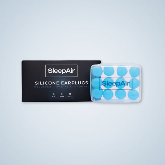 SleepAir blue silicone earplugs with packaging