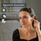 Woman showing how to insert a blue silicone earplug