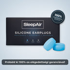SleepAir blue silicone earplugs with product packaging and satisfaction guarantee