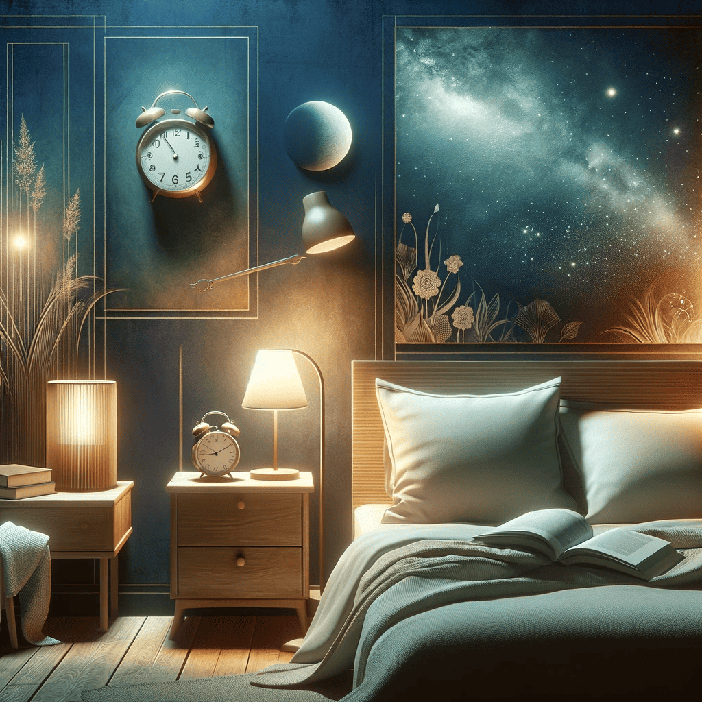 Békés hálószobai környezet, kényelmes ágy, jó minőségű ágynemű, lágy fényű éjjeli lámpa, digitális ébresztőóra alvásidőzítővel, egy könyv az alvásjavító technikákról az éjjeliszekrényen, és egy derűs éjszakai égbolt festmény a falon, amely az alvásminőség javításának öt legfontosabb technikáját szimbolizálja.