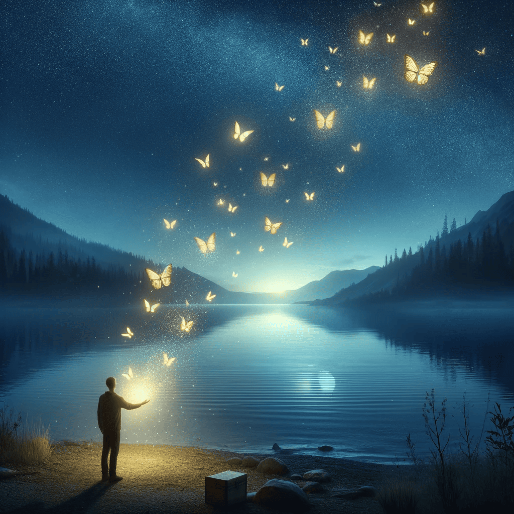 Egy nyugodt éjszakai jelenet, melyben egy nyugodt tónál álló egyén szimbolikusan izzó pillangókat enged a csillagos égre, ami a félelmek átalakulását és elengedését jelképezi.