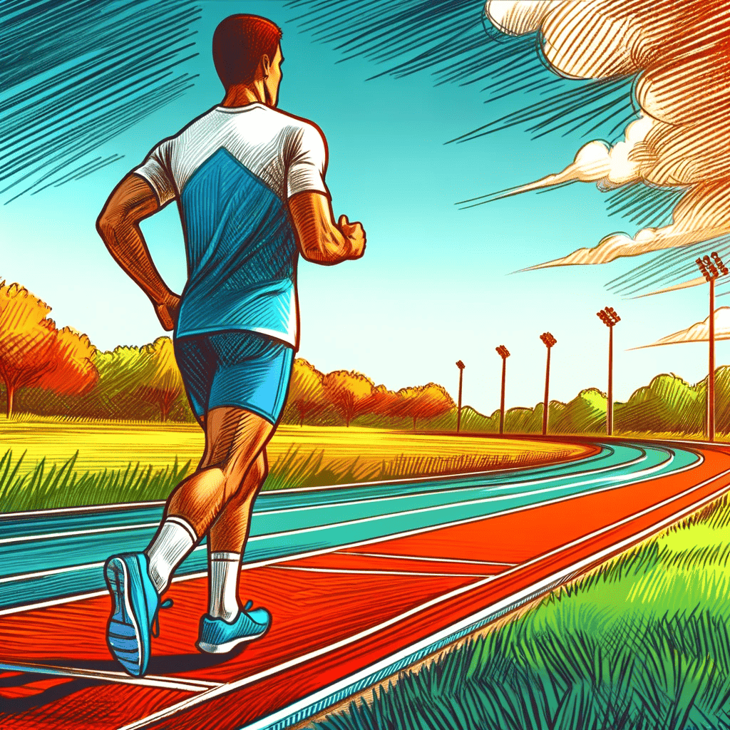 Illusztráció egy elszánt férfi futóról kék-fehér sportruházatban, aki egy napsütötte szabadtéri pályán kocog, zöld mezőkkel és stadionfényekkel körülvéve, kék égbolton, csíkos felhőkkel.