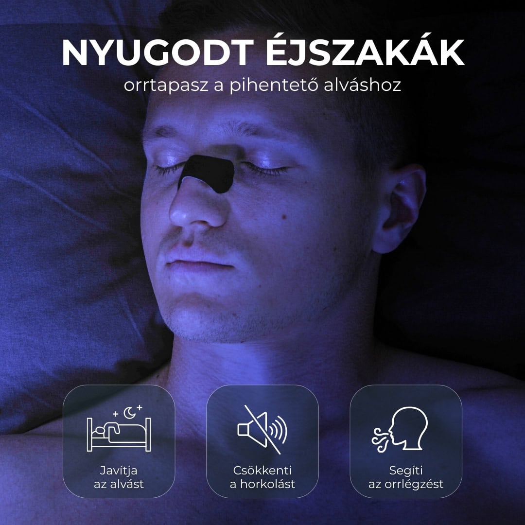Férfi fekete orrtapasszal alvás közben, nyugodt alvás és horkoláscsökkentés