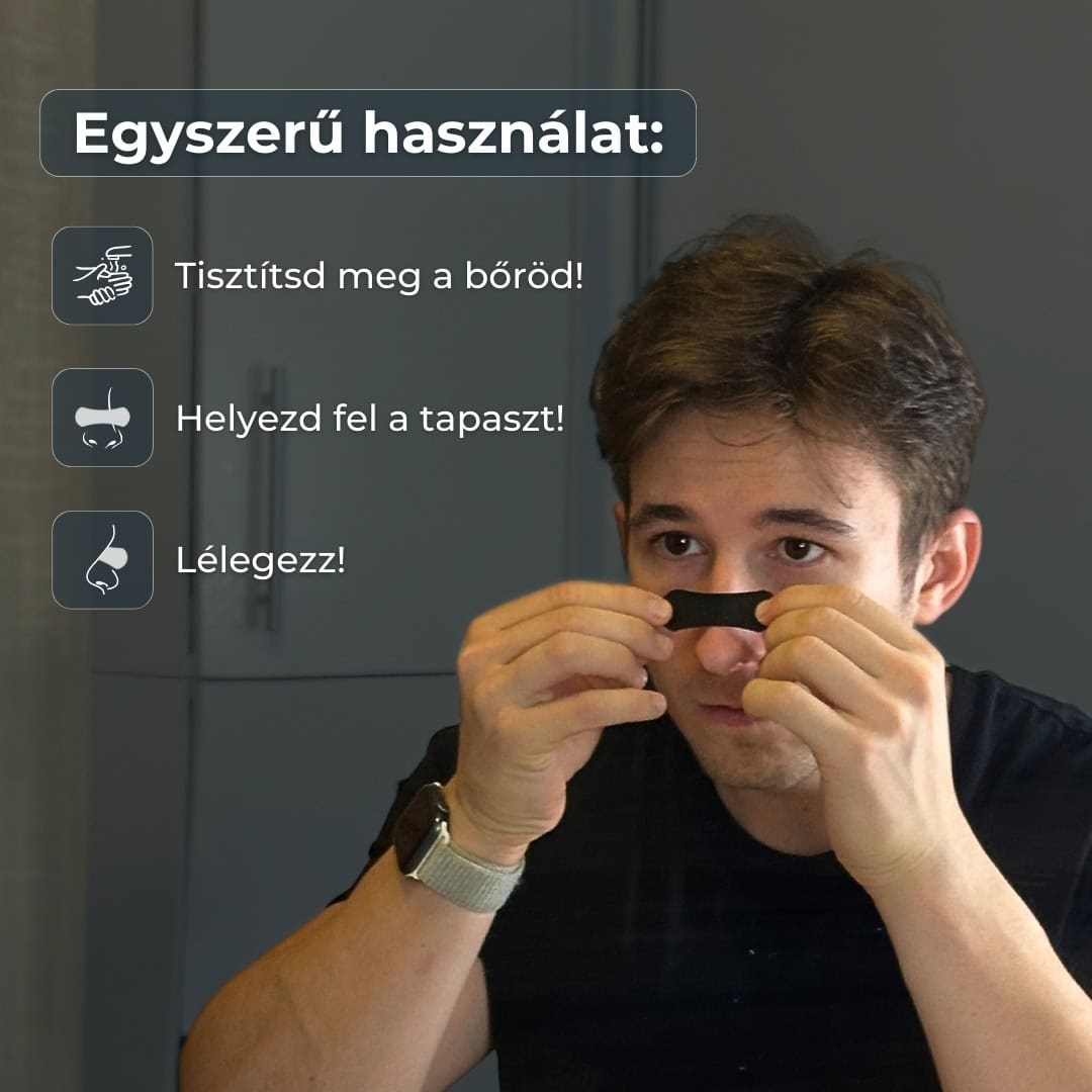 Mosolygós férfi fekete orrtapasszal, bemutatja az egyszerű és kényelmes használatot