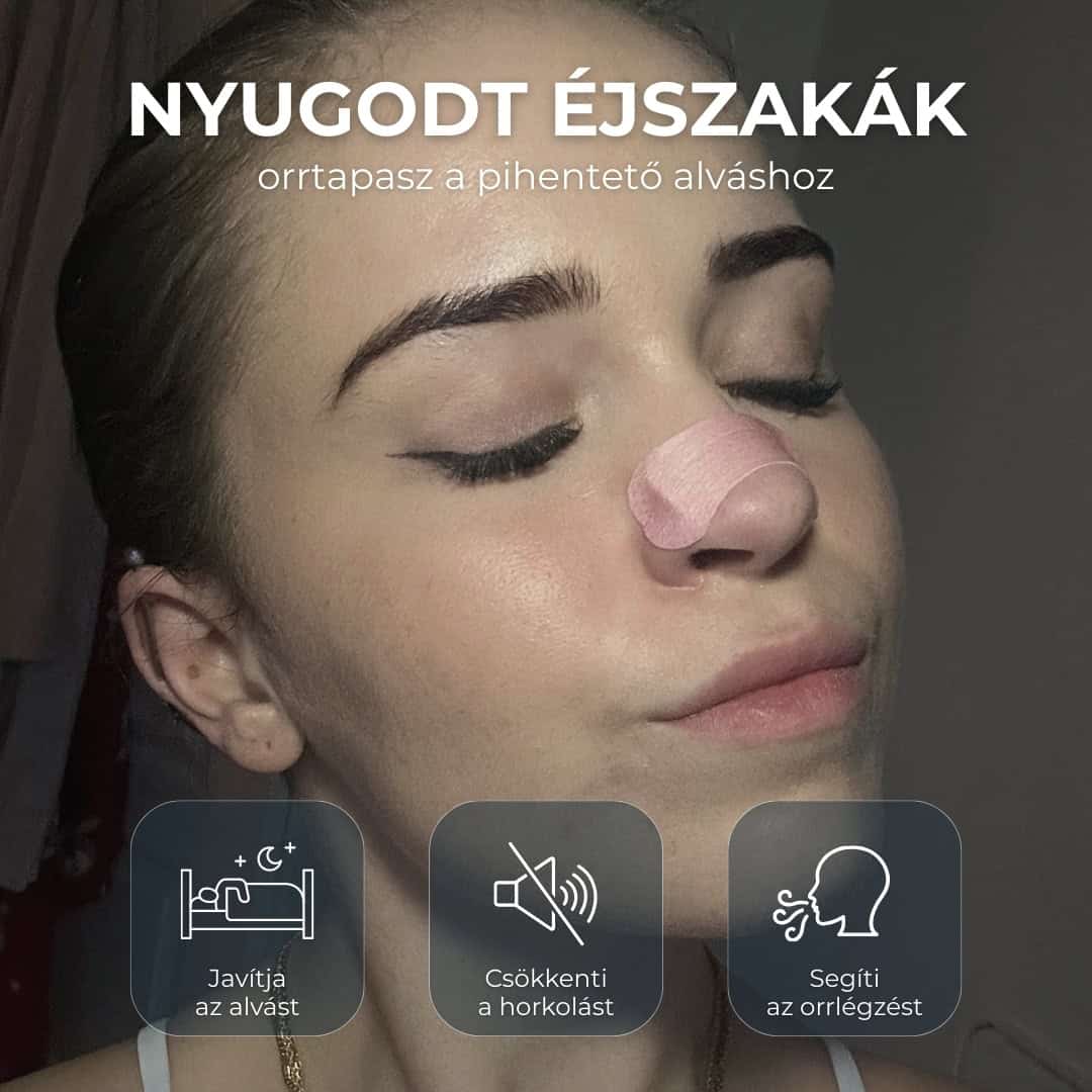 Lány rózsaszín orrtapasszal, nyugodt alvás és horkoláscsökkentés