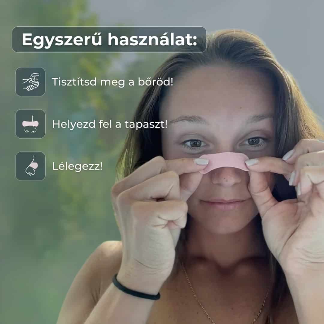 Mosolygós nő rózsaszín orrtapasszal, bemutatja az egyszerű és kényelmes használatot