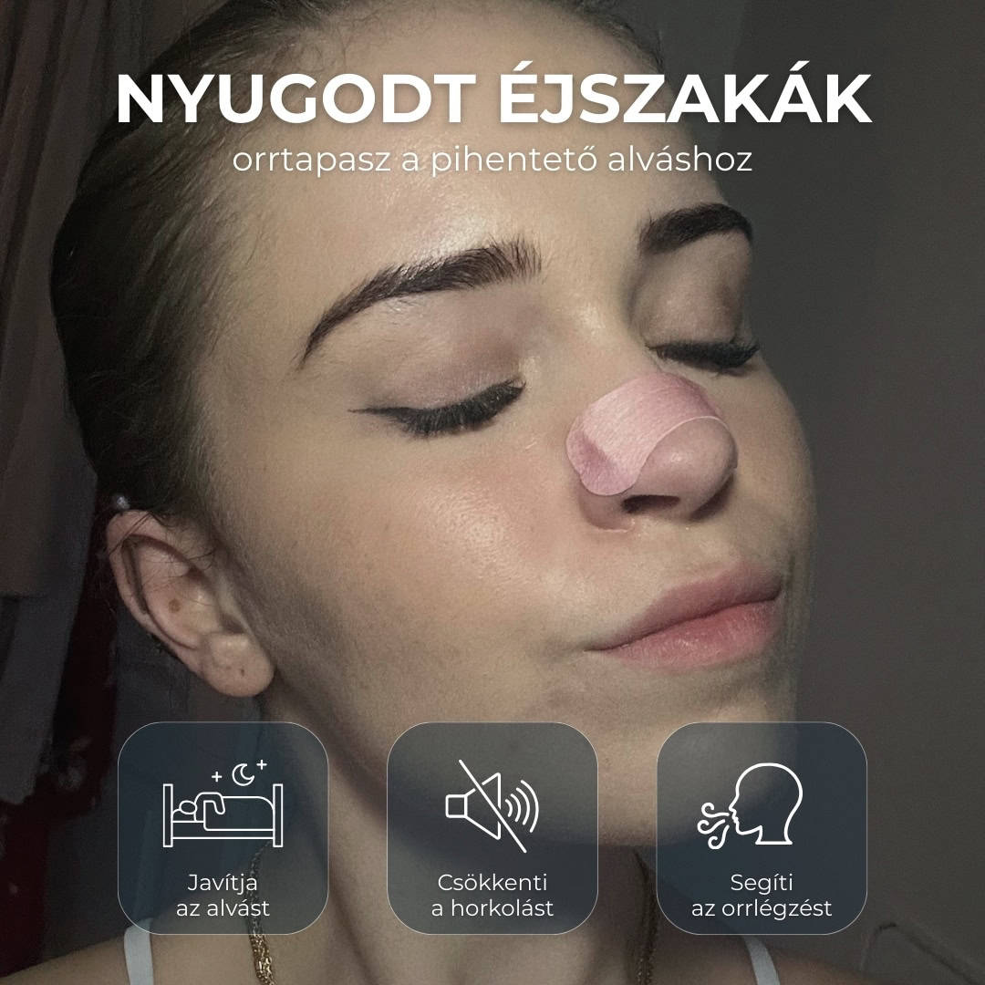 Lány rózsaszín orrtapasszal, mely javítja az alvást és csökkenti a horkolást
