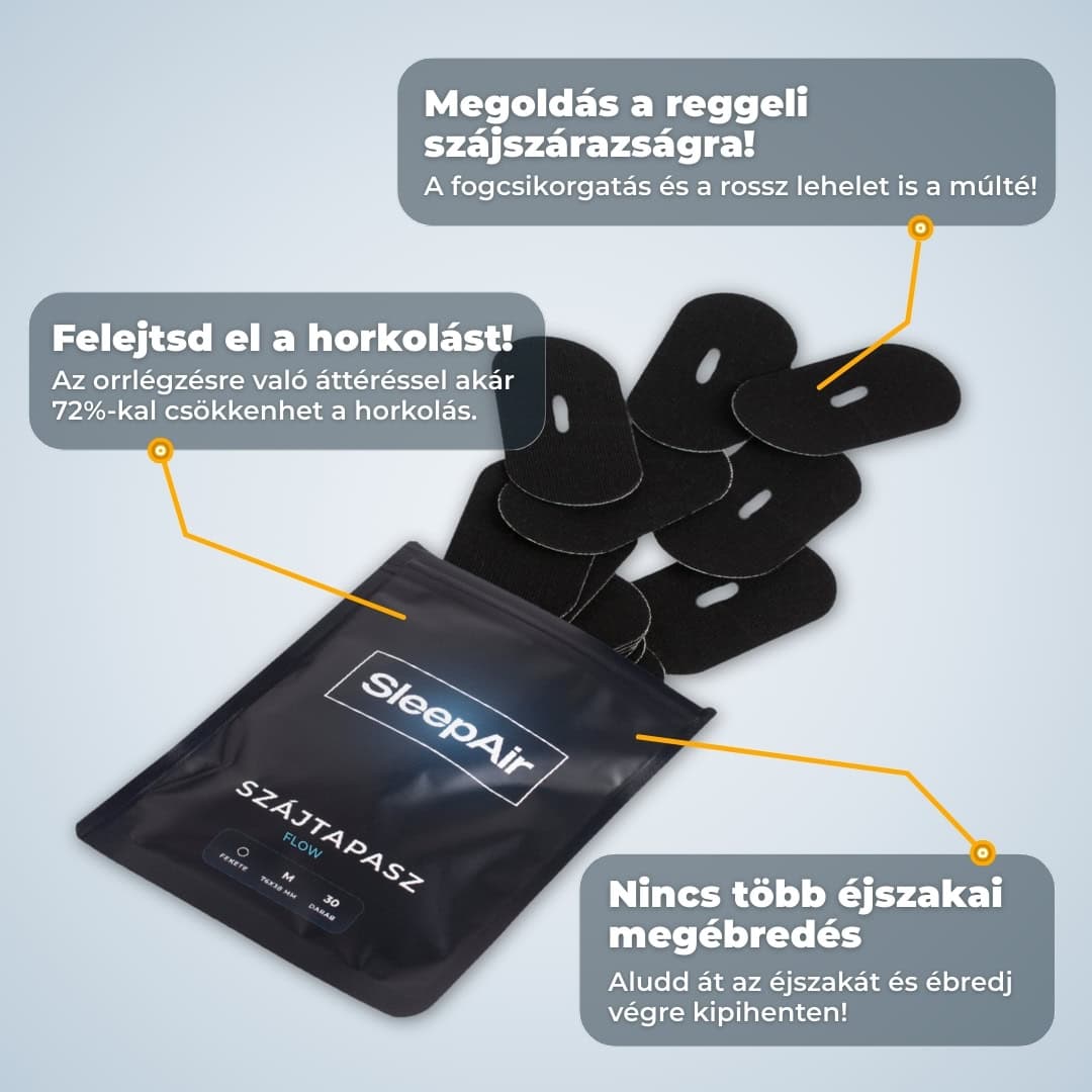 Fekete flow szájtapasz csomag tartalma, szájszárazság és horkolás csökkentésére