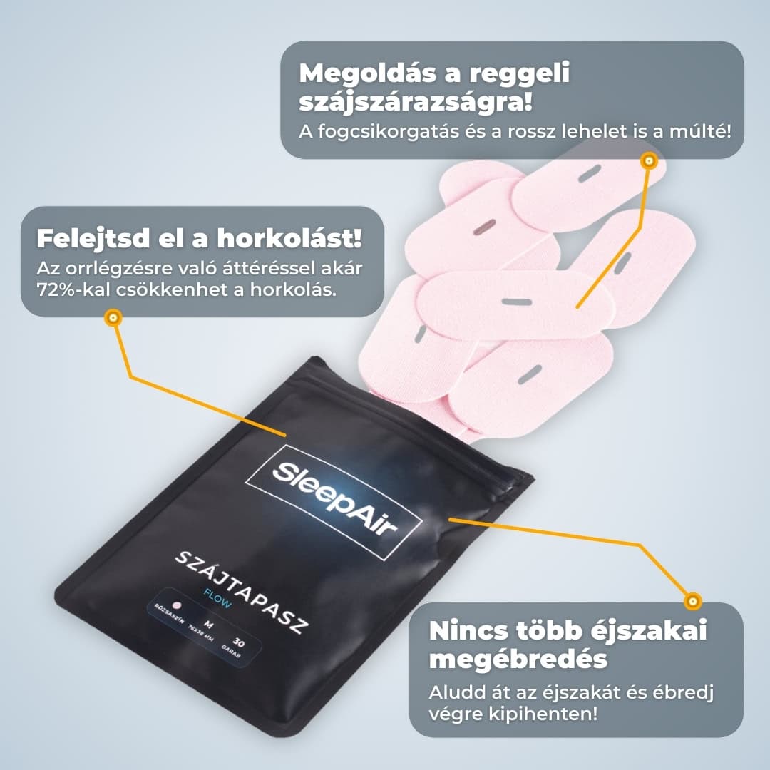 Rózsaszín flow szájtapasz csomag tartalma, szájszárazság és horkolás csökkentésére