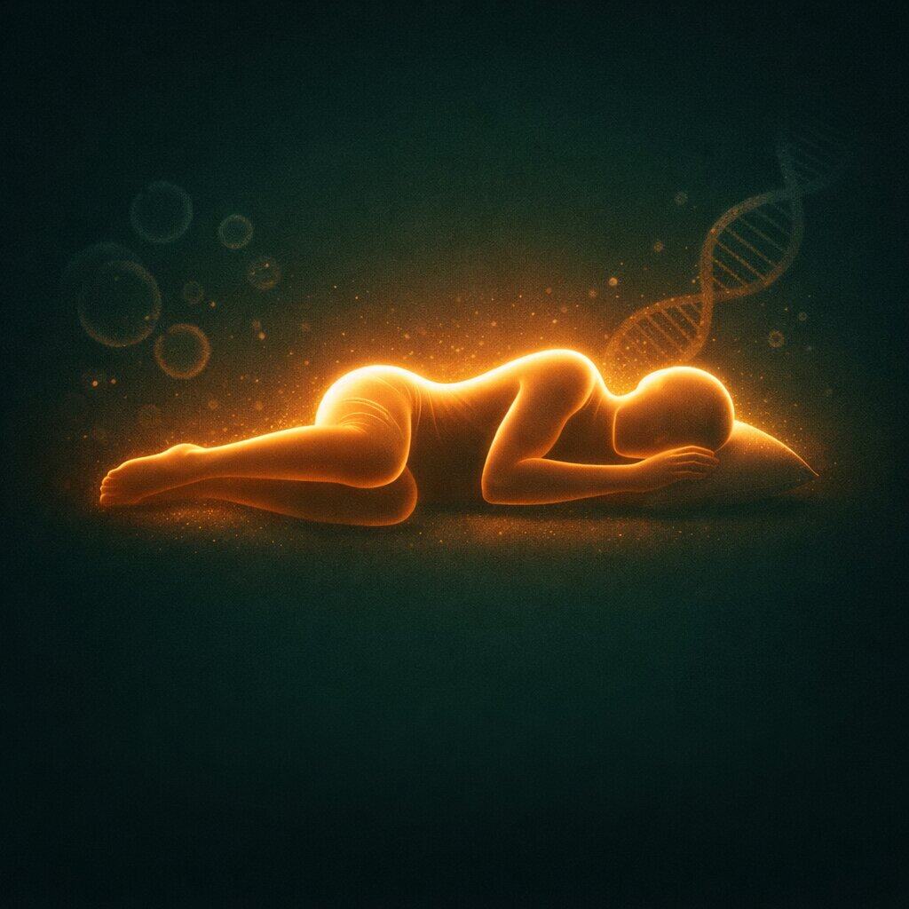 Alvó ember sziluettje sejtregenerációs vizuállal, a longevity és az alvás kapcsolata